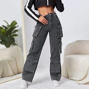 Dark Grey Casual Womens High Waisted Flap Pocket Cargo Jeans